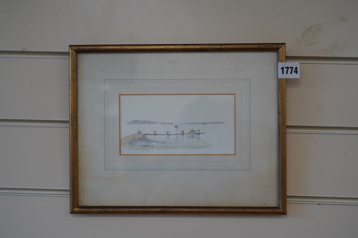 Sir Hugh Casson (1910-1999), watercolour, 'The Jetty, Brownsea', inscribed, label verso, 8.5 x 15cm. Condition - fair